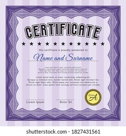 Certificate diploma or award template.  Beauty design.  With guilloche pattern and background.  Detailed.  Violet color.