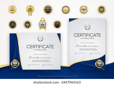 Certificate diploma award template with golden seals and blue lines frames borders. Vector business honor gift, achievement certificate, diploma or winner award with gold seals, rosettes and ribbons