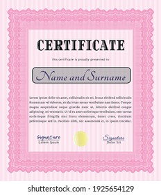 Certificate diploma or award template.  Good design.  With guilloche pattern and background.  Customizable, Easy to edit and change colors.  Pink color.