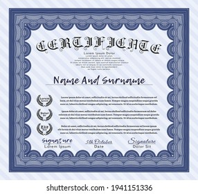 Certificate diploma or award template.  Money Pattern.  With background.  Vector illustration.  Blue color.