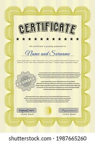 Certificate diploma or award template.  Money Pattern.  With guilloche pattern and background.    Yellow color.