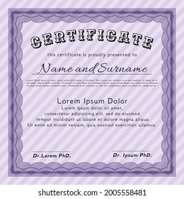 Certificate diploma or award template.  Money style design.  Complex background.  Vector illustration.  Violet color.
