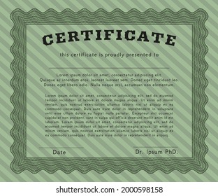 Diploma de certificado o plantilla de premio.  Diseño perfecto.  Con patrón de guilloche y fondo.  Ilustración vectorial.  Color verde.