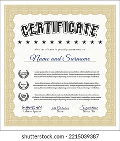 Certificate diploma or award template.  Sophisticated design.  Easy to print.  Detailed.  Orange color.