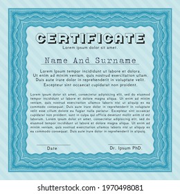 Certificate diploma or award template.  Superior design.  With guilloche pattern.  Vector illustration.  Light blue color.