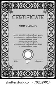 Certificate, diploma, blank, frame for document, photo. Vertical black and white certificate with the decor of the duplicate curved lines, guilloche. vector