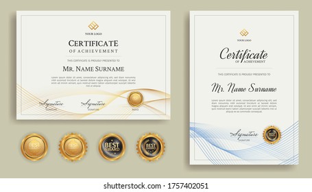 Certificate and diploma border template with blue and gold line style for legal document 