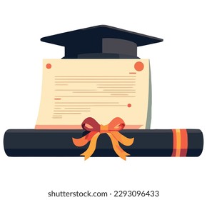 Certificate diploma and cap over white