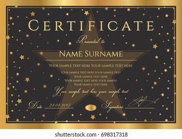 Certificate, Diploma of completion (abstract design template, black background) with gold frame and stars