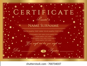Certificate, Diploma of completion (abstract design template, red background) with gold frame and stars