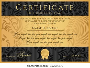 Certificate, Diploma of completion (black design template, dark background) with floral, filigree pattern, scroll border, frame. Gold Certificate of Achievement, coupon, award, winner certificate. 
