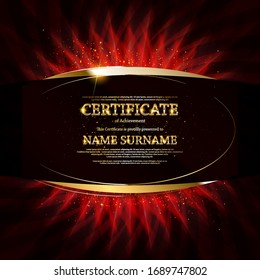 Zeugnis, Diploma der Fertigstellung schwarze Design-Vorlage, dunkler Hintergrund mit floralem, filigranes Muster, Bildlaufrahmen, Rahmen. Gold Certificate of Achievement, Coupon, Award, Gewinnerzertifikat.