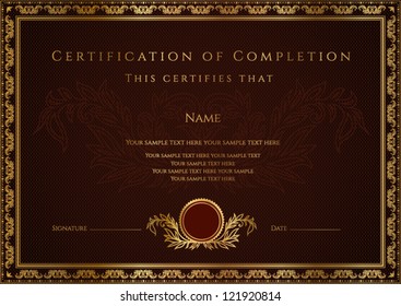 Certificate / Diploma of completion. Brown vector template. Useful deed, certificate of appreciation, achievement, completion, excellence, attendance design, award. Red gold emblem