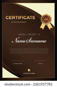 Certificado, Diploma de terminación. Plantilla de vector marrón.