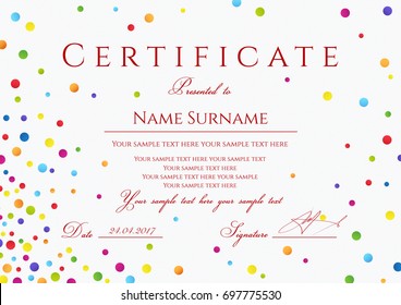 Certificate, Diploma of completion with colorful (bright, rainbow) abstract background. Vector with circles rainbow texture for Certificate of Achievement
