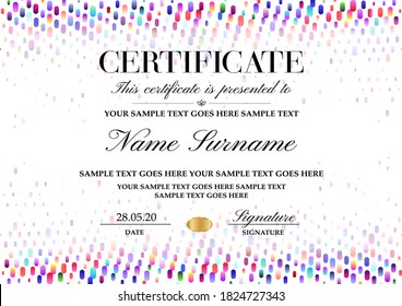 Certificate, Diploma of completion with colorful pattern, abstract background with gradient dots on white background. Vector with rainbow circles texture for Certificate of Achievement