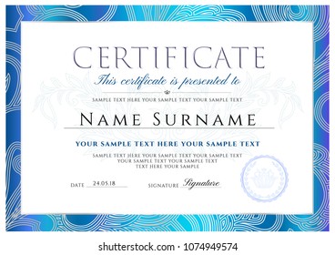 Certificate, Diploma of completion (design template, white background) with Frame, blue Border, light floral abstract lines (pattern, watermark)