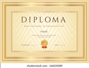 Certificate, Diploma of completion (design template, background) with abstract pattern, gold border (frame), insignia. Useful for: Certificate of Achievement, Certificate of education, awards