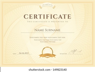 Certificate, Diploma of completion (design template, background) with guilloche pattern (watermark), border, frame. Useful for: Certificate of Achievement, Certificate of education, awards, winner