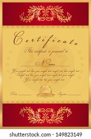 Certificate, Diploma of completion (design template, background) with floral pattern, gold border (frame), insignia. Useful for: Certificate of Achievement, Certificate of education, awards