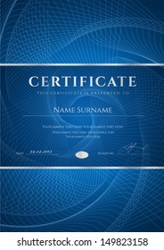 Certificate, Diploma of completion (design template, background) with dark blue guilloche pattern (watermark), frame. Useful for: Certificate of Achievement, Certificate of education, awards, winner