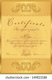 Certificate, Diploma of completion (design template, background) with floral pattern, gold border (frame), insignia. Useful for: Certificate of Achievement, Certificate of education, awards