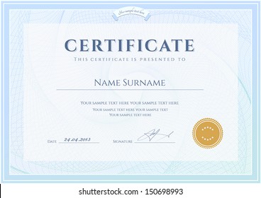 Certificate, Diploma of completion (design template, background) with guilloche pattern (watermark), border, frame. Certificate of Achievement, education, awards, scholarship, bachelor’s degree, deed