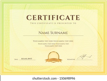 Certificate, Diploma of completion (design template, background) with guilloche pattern (watermark), border, frame. Useful for: Certificate of Achievement, Certificate of education, awards, winner