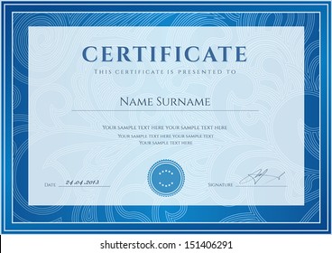 Certificate, Diploma of completion (design template, background). Floral (scroll, swirl) pattern (watermark), border, frame. Blue Certificate of Achievement, Certificate of education, awards, winner