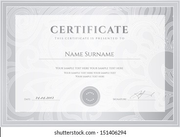 Certificate, Diploma of completion (design template, background). Floral (scroll, swirl) pattern (watermark), border, frame. Silver Certificate of Achievement, Certificate of education, awards, winner