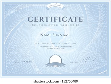 Certificate, Diploma of completion (design template, background) with guilloche pattern (watermark), border, frame. Blue Certificate of Achievement, Certificate of education, coupon, awards, winner