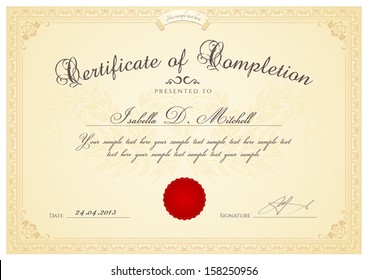 Certificate, Diploma Of Completion (design Template, Background) With Guilloche Pattern (watermark, Rosette), Border, Frame. 