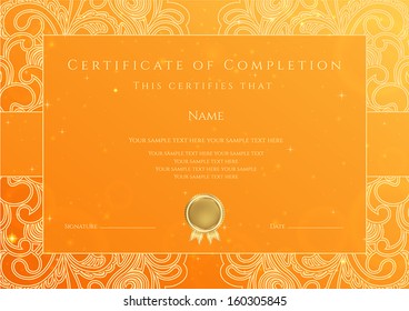 Certificate, Diploma of completion (design template, background) with gold floral, swirl pattern, scroll border, frame. Orange Certificate of Achievement, coupon, award, winner