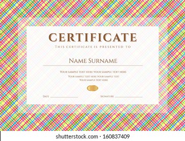 Certificate, Diploma of completion (design template, background) with diagonal cell pattern (stripe pattern), frame. Colorful Certificate of Achievement, Certificate of education, awards, winner
