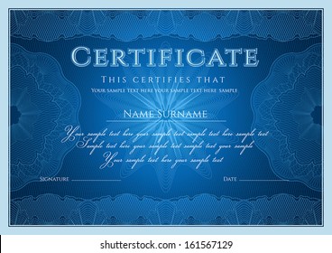 Certificate, Diploma of completion (design template, background) with guilloche pattern (watermark), rosette, border, frame. Blue Certificate of Achievement / education, coupon, award, winner. Vector