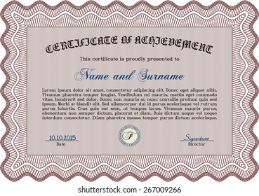 Certificado, Diploma de terminación; plantilla de diseño con patrón guilloche, borde, marco.