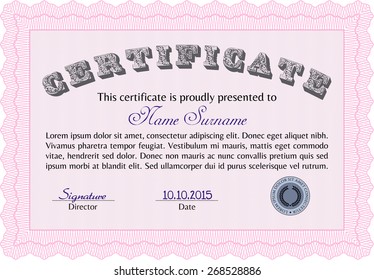 Certificado, Diploma de terminación; plantilla de diseño con patrón guilloche, borde, marco.