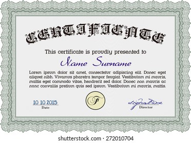 Certificado, Diploma de terminación; plantilla de diseño con patrón guilloche, borde, marco.