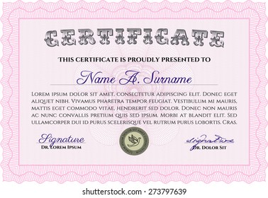 Certificate, Diploma of completion; design template with guilloche pattern, border, frame.
