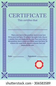 Certificate or Diploma of completion design template with ornamental frame or border. Vector illustration of Certificate of Achievement, coupon, award, winner certificate.