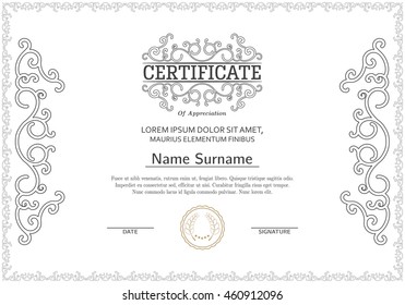 Certificate, Diploma of completion (design template, white background) with pattern, scroll border, frame. Vector.