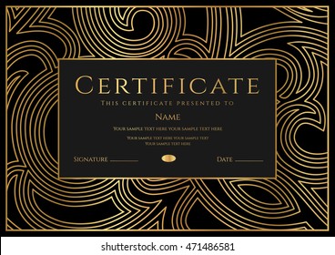 Certificate, Diploma of completion (design template, background) with gold floral pattern   border, frame. Black Certificate of Achievement / education