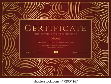 Certificate, Diploma of completion (design template, background) floral pattern border, frame. Dark red Certificate of Achievement / education, coupon, award, winner