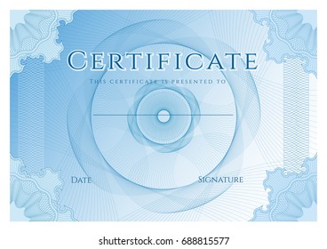 Certificate, Diploma of completion (design template, background) with blue guilloche pattern (watermark)