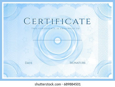 Certificate, Diploma of completion (design template, background) with blue guilloche pattern (watermark)