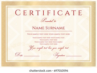 Certificate, Diploma of completion (design template, background) with gold guilloche pattern (watermark)