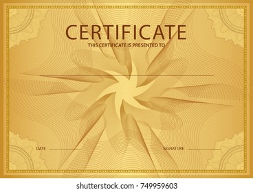 Certificate, Diploma of completion (design template, background) with gold guilloche pattern (watermark)