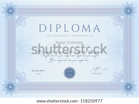 Certificate, Diploma of completion (design template, background) with guilloche pattern (watermark, rosette), border, frame.