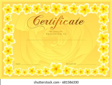 Certificate, Diploma of completion (Frangipani design template, flower background) with floral, pattern, border, frame. Coupon of achievement, School awards, pink female winner certificate