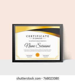Certificate or Diploma of Completion with golden and grey abstract design and institute or organization seal. 
